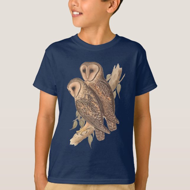 A Pair of Masked Barn Owls on a branch (painting). T-Shirt (Front)