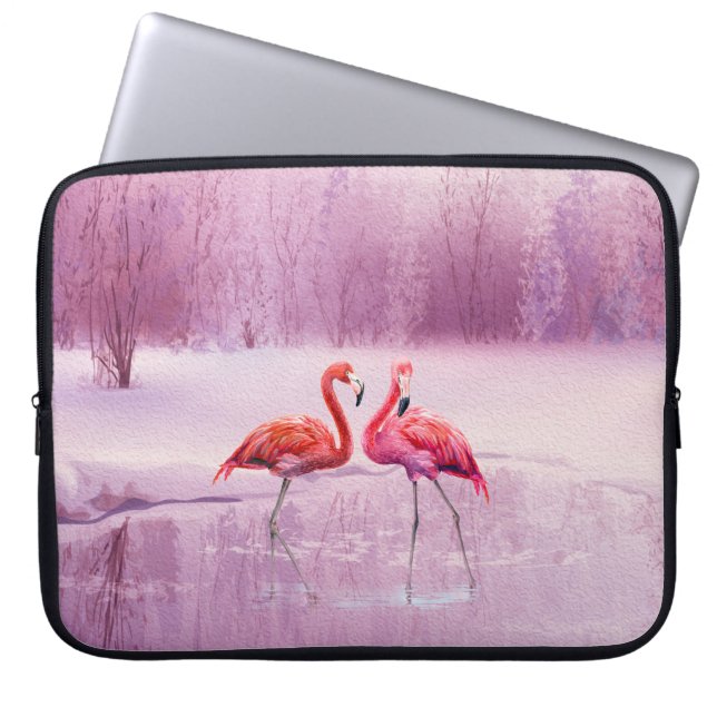 A pair of pink flamingos stand in the water on the laptop sleeve (Front)