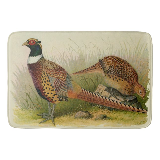 A pair of Ring necked pheasants in a grassy field Bath Mat (Front)