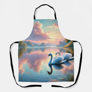 A pair of swans gliding on a serene lake apron