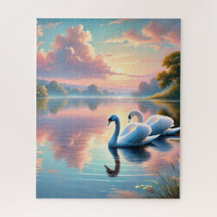 A pair of swans gliding on a serene lake jigsaw puzzle