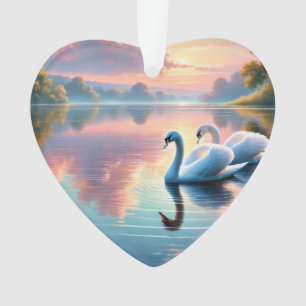 A pair of swans gliding on a serene lake ornament