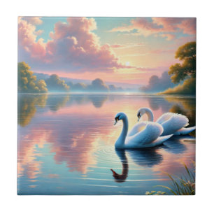 A pair of swans gliding on a serene lake tile