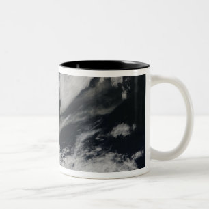 A pale grey ash plume blows from the summit Two-Tone coffee mug