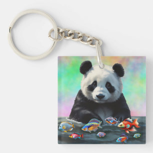 A Panda Gazes Curiously at Swimming Colorful Fish Key Ring