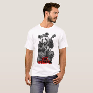 A Panda says: Rock is Freedom on a Black T-Shirt