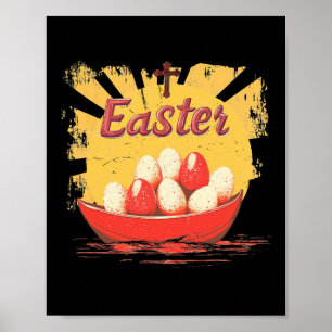 A Paper Canoe Carrying Easter Eggs; Vintage Happy Poster