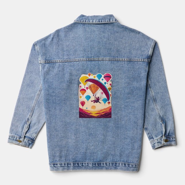 A paraglider soaring over a valley denim jacket (Back)