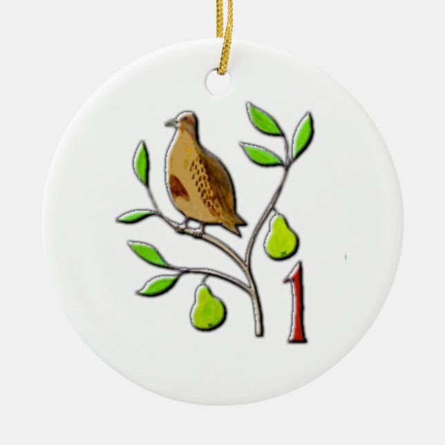 A partridge in a pear tree ceramic tree decoration (Front)