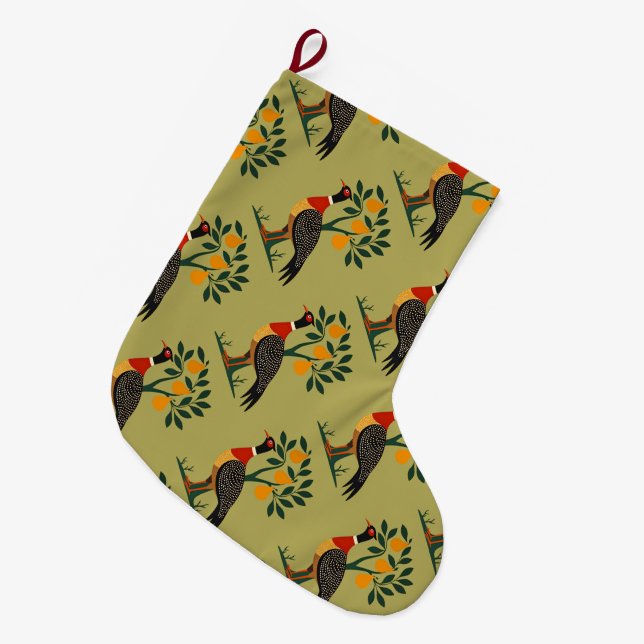 A Partridge In A Pear Tree Cut-Out Stencil Retro 2 Large Christmas Stocking (Front (Hanging))