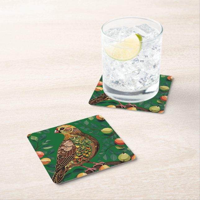 A Partridge In A Pear Tree Cut-Out Stencil-Style Square Paper Coaster (Insitu)