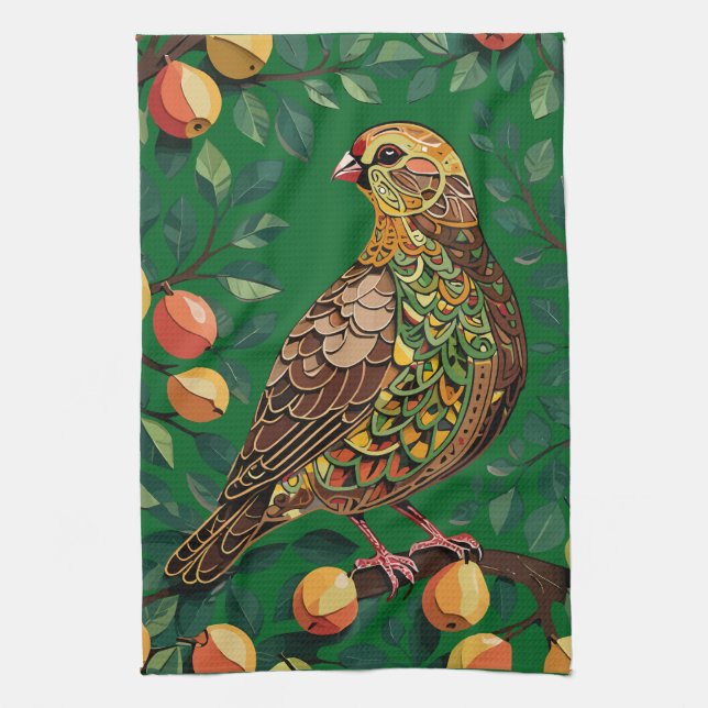 A Partridge In A Pear Tree Cut-Out Stencil-Style  Tea Towel (Vertical)