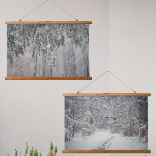 A path in a winter forest and frosted branches  hanging tapestry