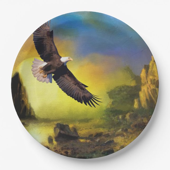 A Patriotic Design with Bald Eagle Flying High Paper Plate (Front)
