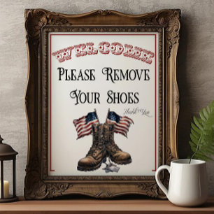 A Patriots Day Please Remove Shoes Sign