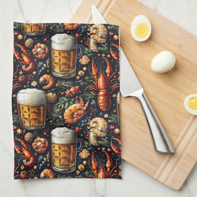 A pattern for beer and seafood lovers. tea towel (Quarter Fold)