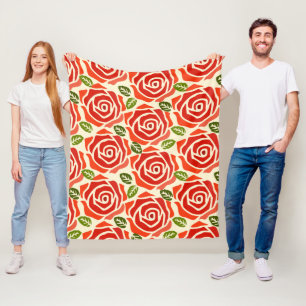 A pattern of big roses red green and white chic fleece blanket