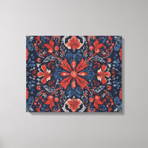 a pattern of flowers and leaves blue red canvas print