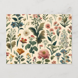 a pattern of flowers and leaves on a white backgro invitation postcard
