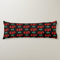 A Pattern Of Red Cherries on Stems Leaves on Black