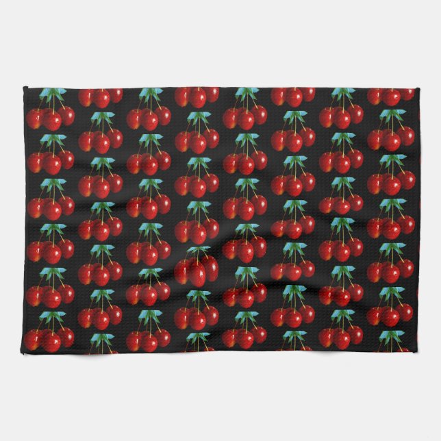 A Pattern Of Red Cherries on Stems Leaves on Black Tea Towel (Horizontal)