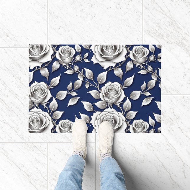 A Pattern Of Silver And White Roses Doormat (Indoor)
