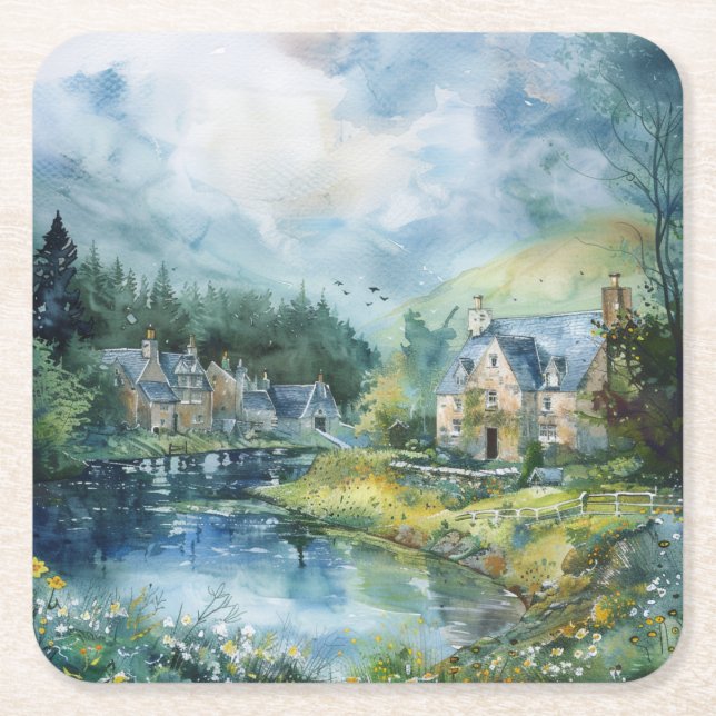 A Peaceful Scottish Village Square Paper Coaster (Front)