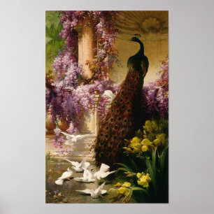 A peacock and doves in a garden , Eugene Bidau  Poster