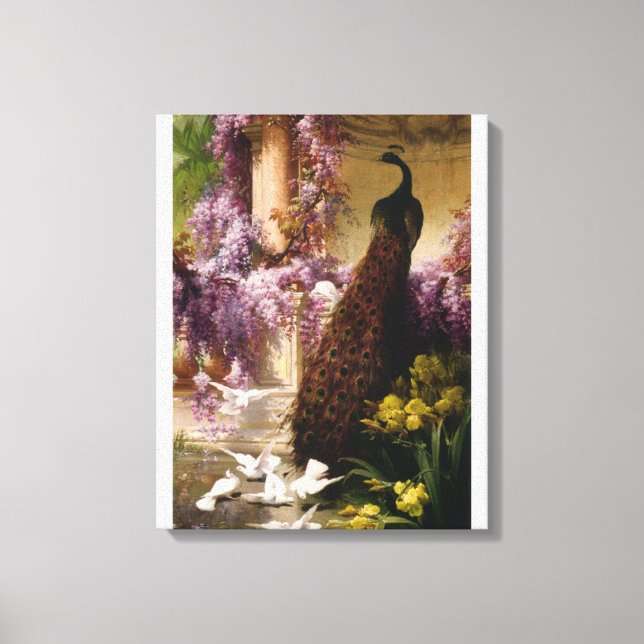 A Peacock and Doves in a Garden Wrapped Canvas (Front)