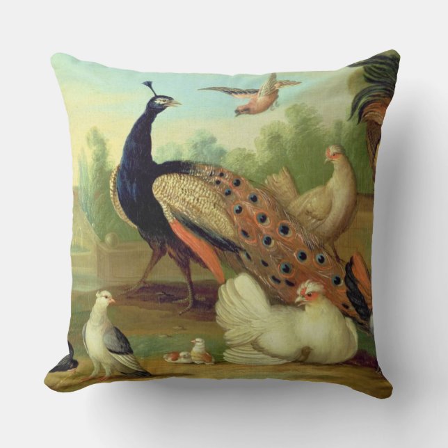 A Peacock, Doves, Chickens and a Jay in a Park Cushion (Front)