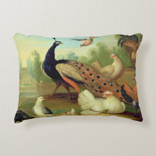 A Peacock, Doves, Chickens and a Jay in a Park Decorative Cushion