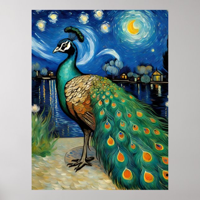 A Peacock in The Starry Night Poster (Front)