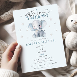 A Peanut on the Way Elephant Blue Baby Shower Invitation