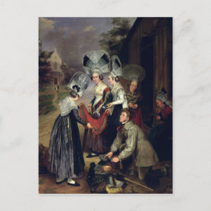 A Peddler Selling Scarves to Women from Troyes Postcard