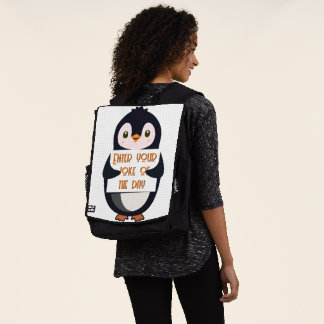 A penguin holding a sign with custom text backpack