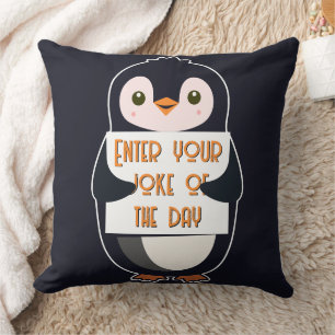 A penguin holding a sign with custom text cushion