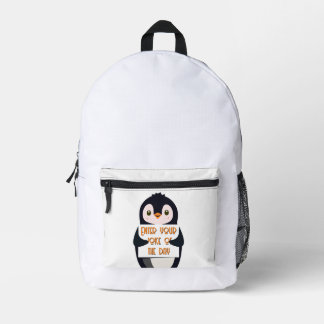 A penguin holding a sign with custom text printed backpack