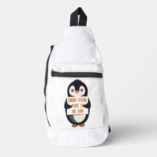 A penguin holding a sign with custom text sling bag