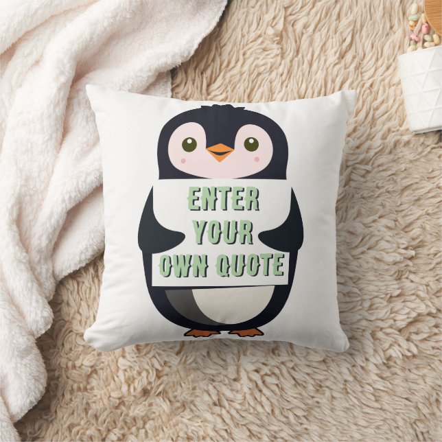 A penguin holding a sign with customizable text cushion (Blanket)