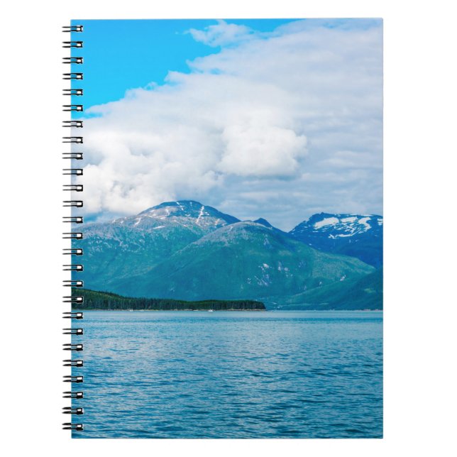 A peninsula of land covered in pine forest juts ou notebook (Front)