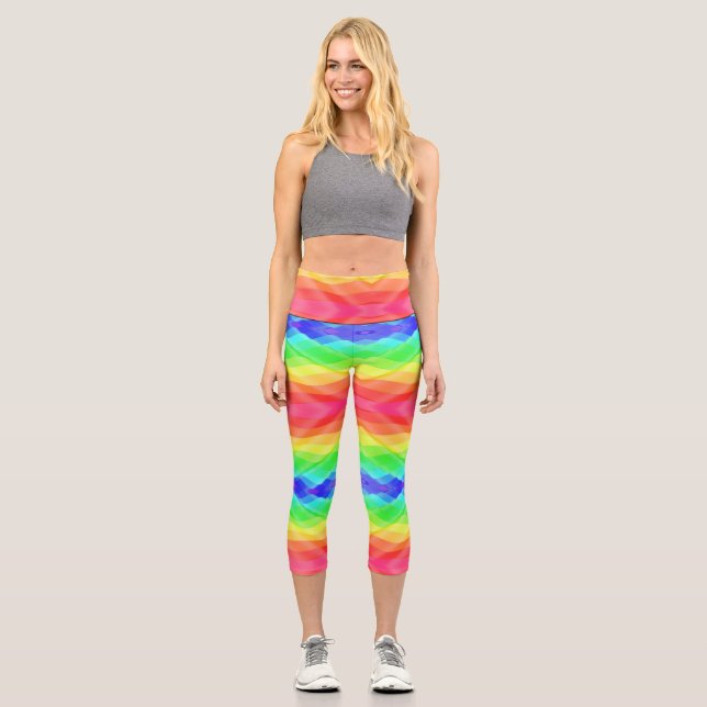 A person wearing vibrant, rainbow-coloured legging (Front)
