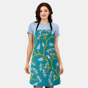 A person wears a teal apron with a vibrant yellow 