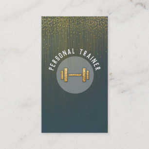 A personal trainer gold dumbbell on glitter business card