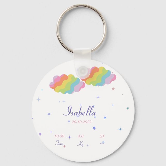 A personalised birth announcement button key ring (Front)