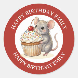 A Personalised Birthday Mouse with Cupcake Classic Round Sticker