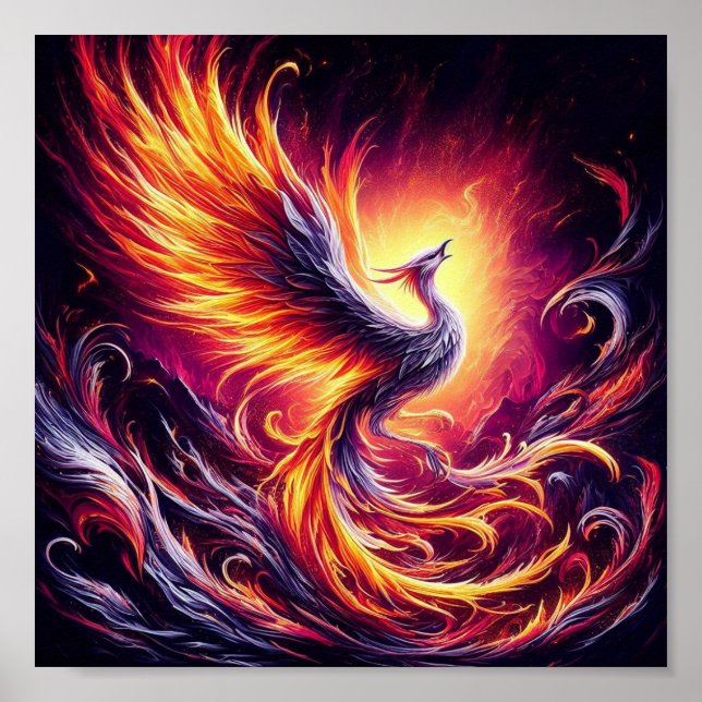 A phoenix rising from fiery ashes. poster (Front)
