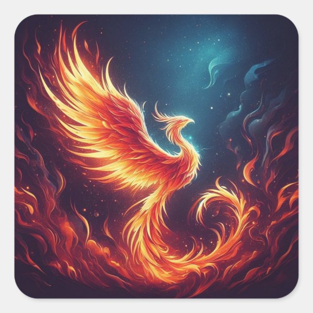 A phoenix rising from fiery ashes. square sticker (Front)