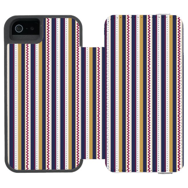 A phone case with vertical stripes in navy yellow incipio iPhone wallet case (Folio Open)