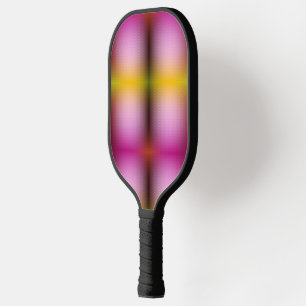 A pickleball paddle features a vibrant