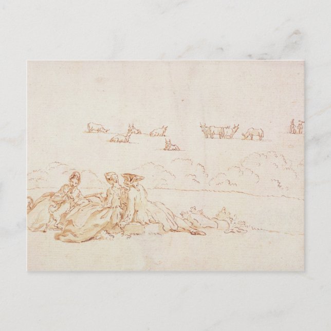 A Picnic: Two Ladies and a Gentleman (brown wash w Postcard (Front)